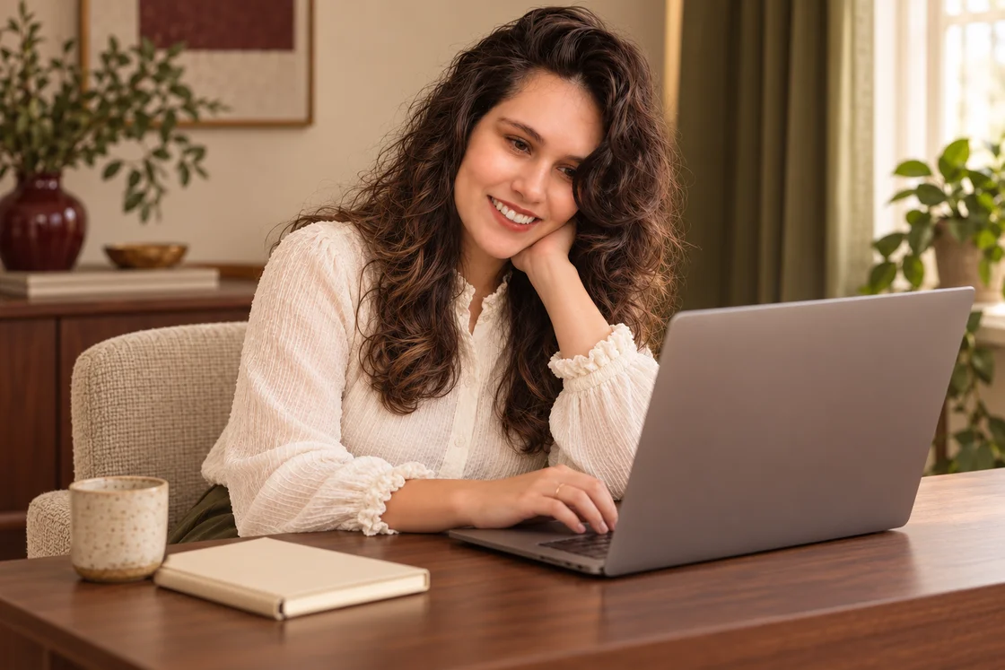 Charlise sentada à mesa com um notebook, em um ambiente tranquilo.