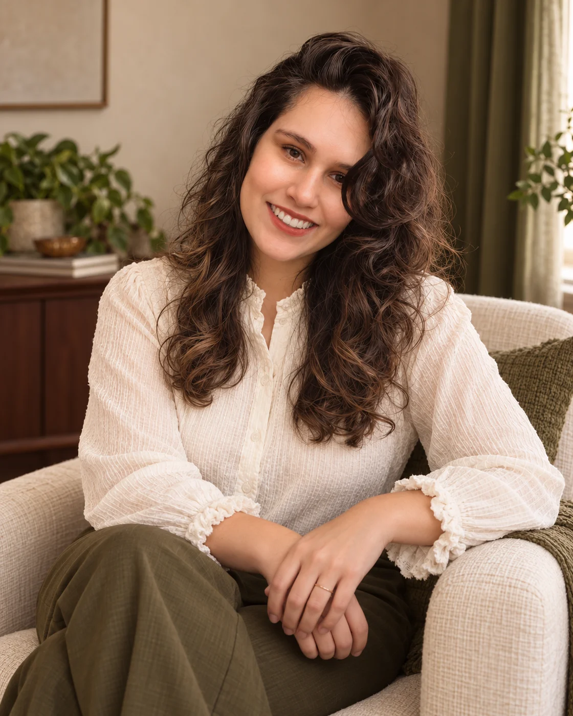 Charlise Vargas sorrindo, com blusa creme e cabelos soltos.